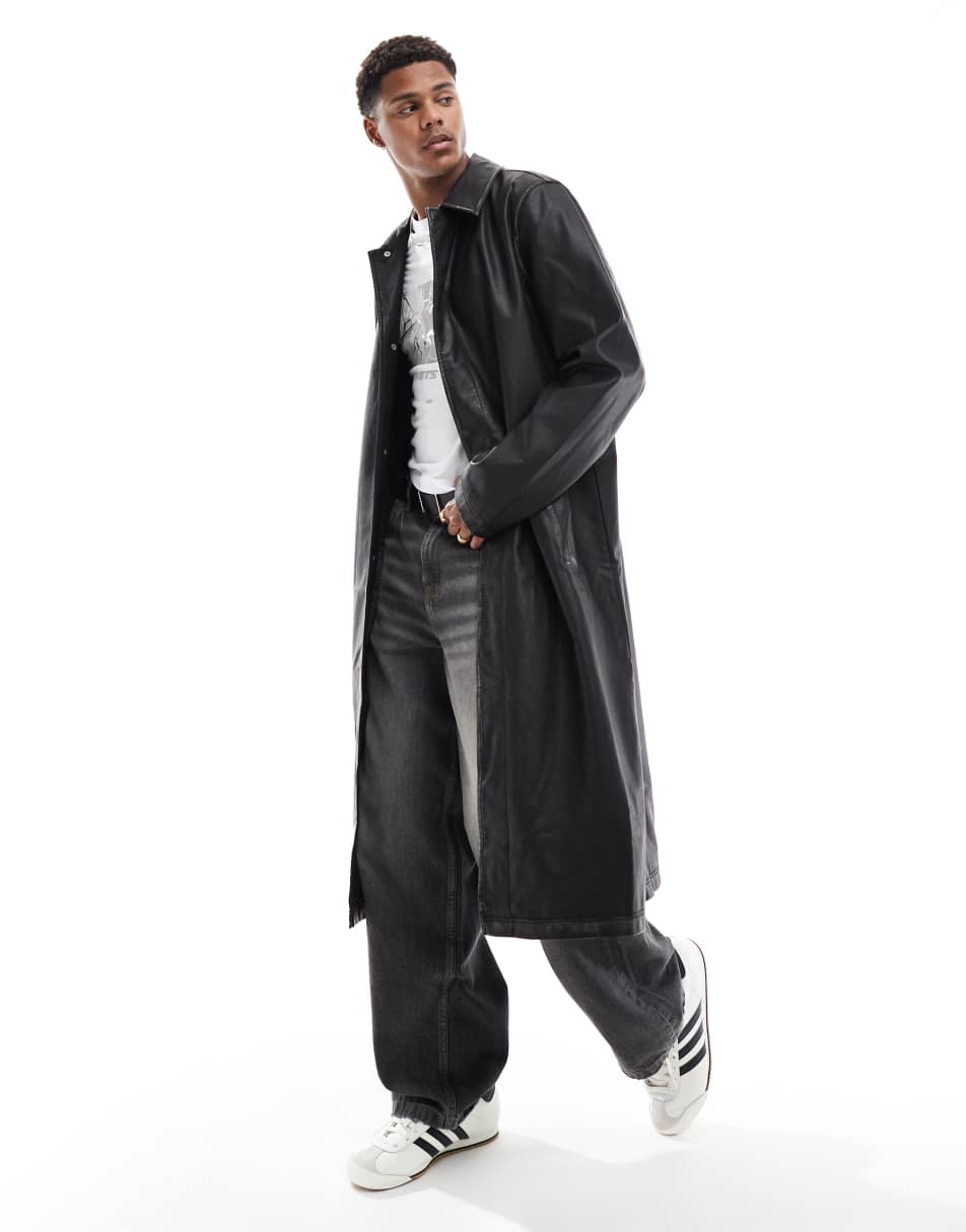 Men's Oversized Leather Trench Coat with Belt in Black