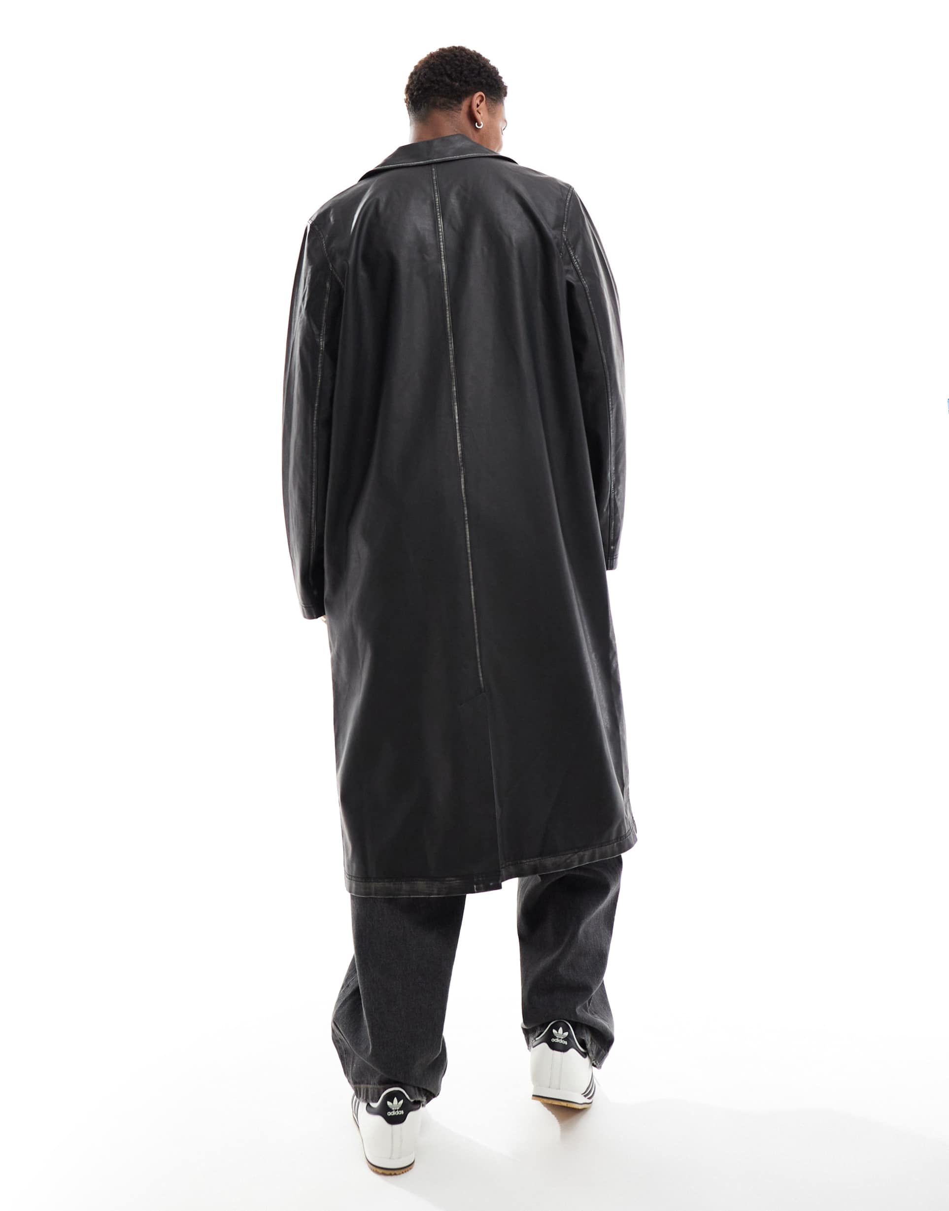 Men's Oversized Leather Trench Coat with Belt in Black