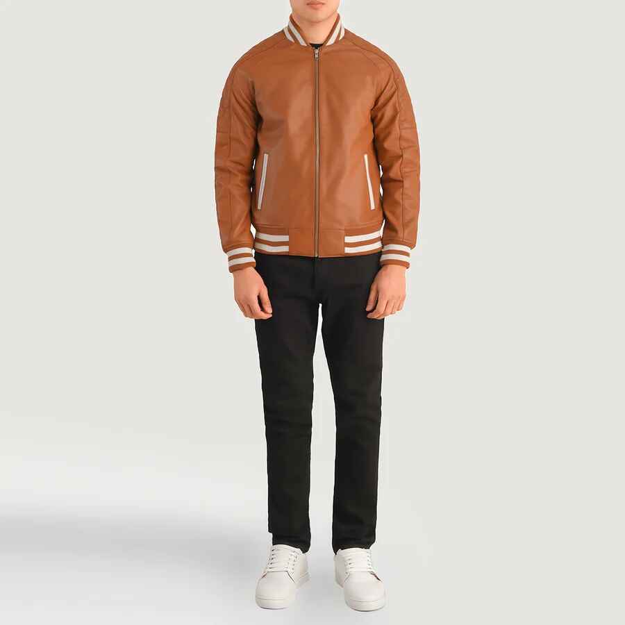 Men's Pascal Tan Brown Leather Varsity Jacket