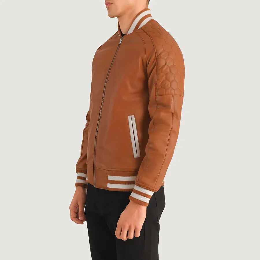Men's Pascal Tan Brown Leather Varsity Jacket