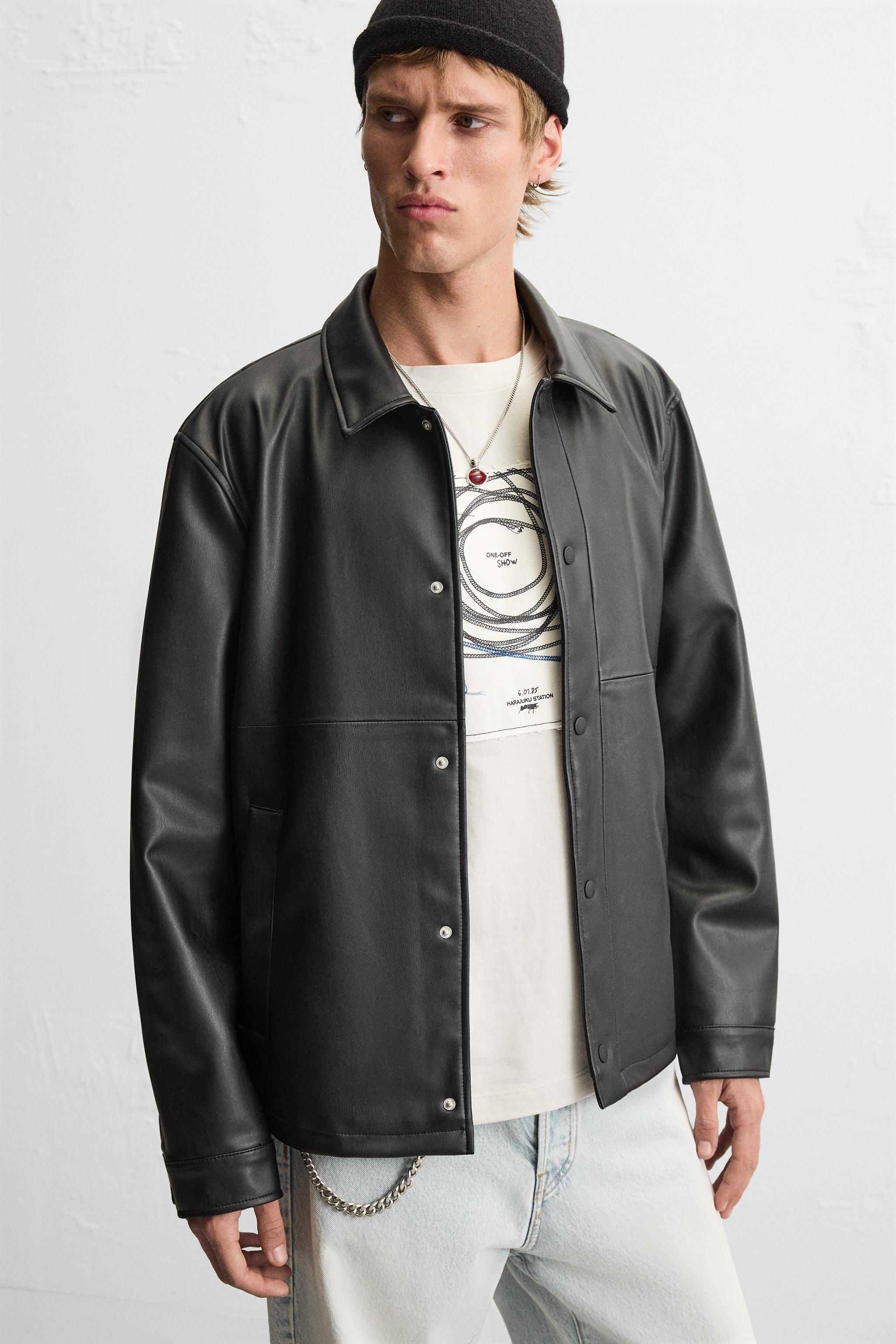 Men's Popper Fastening Leather Jacket