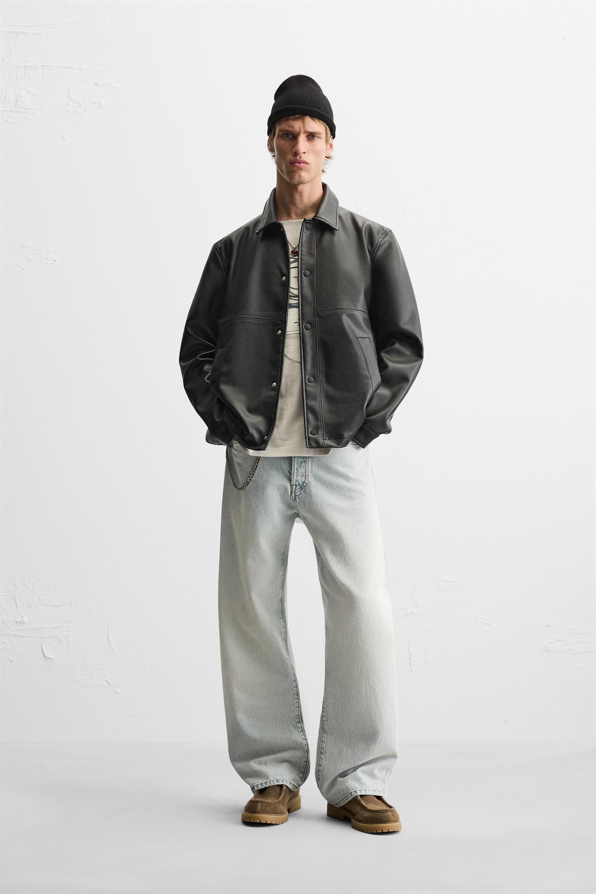 Men's Popper Fastening Leather Jacket