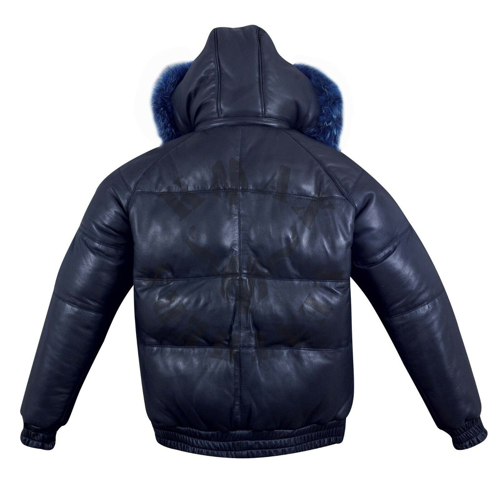 Men's Puffer Bomber Sheepskin Leather Jacket Removable Raccoon Fur Collar & Hood