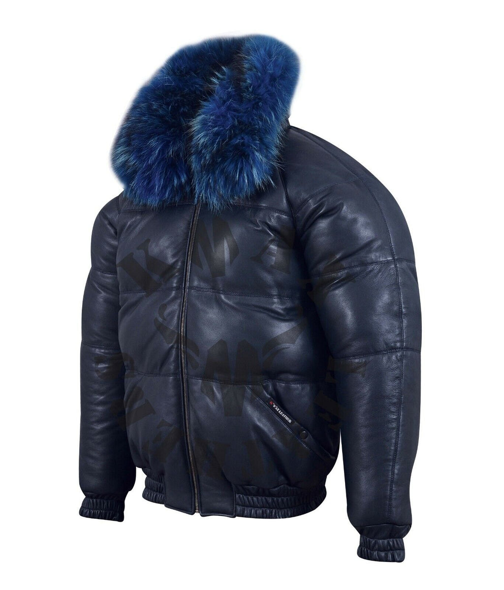 Men's Puffer Bomber Sheepskin Leather Jacket Removable Raccoon Fur Collar & Hood
