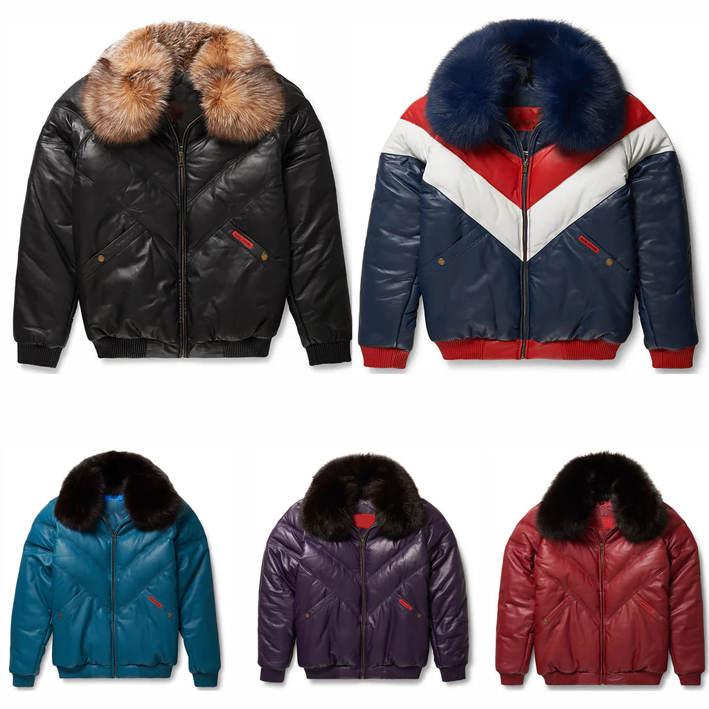 Men's Puffer Ribbed Cuffs And Hems Leather V-Bomber Jacket