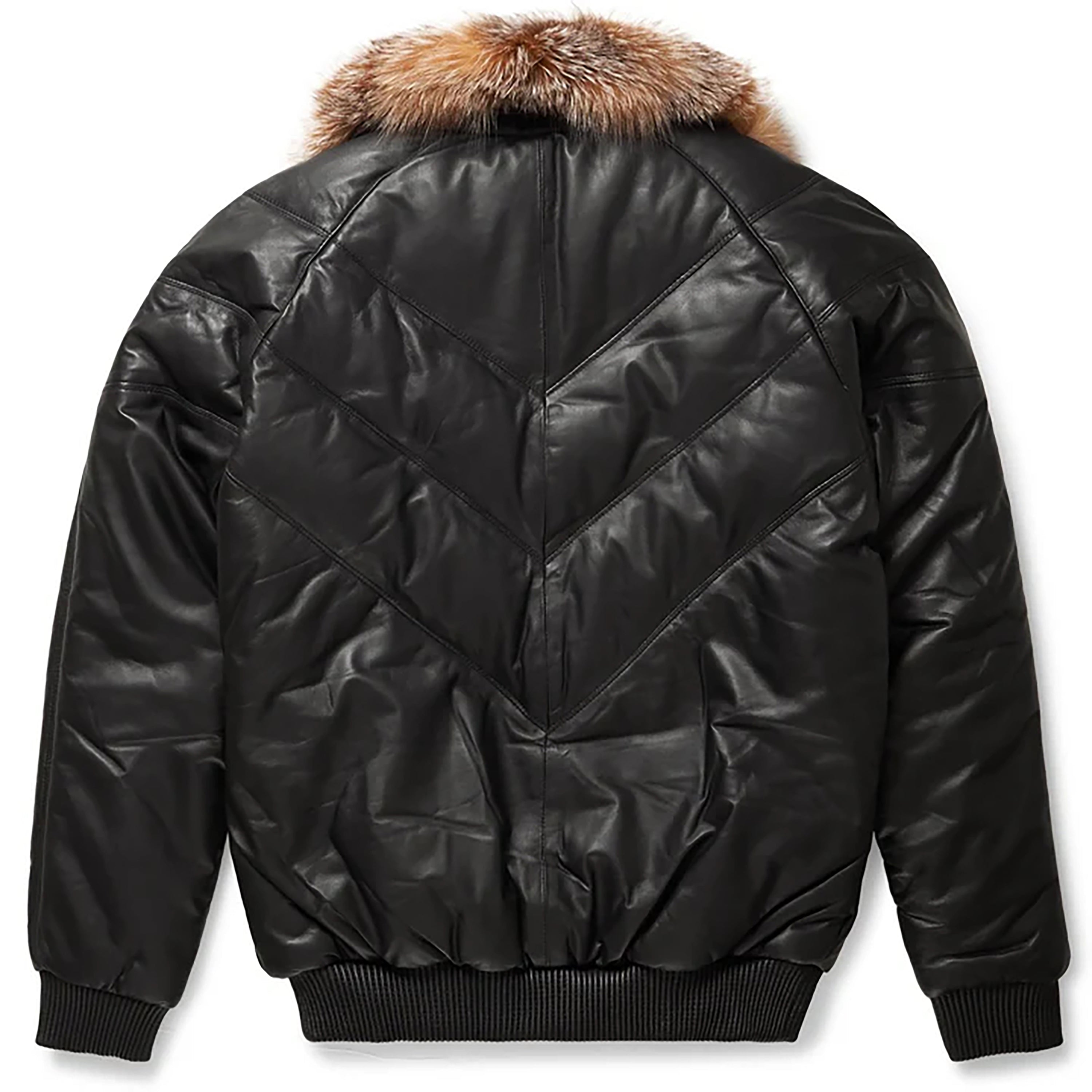 Men's Puffer Ribbed Cuffs And Hems Leather V-Bomber Jacket