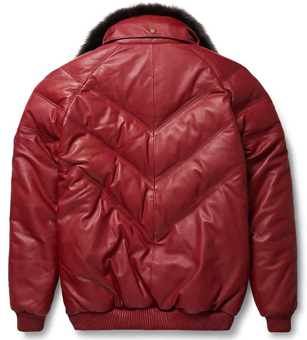 Men's Puffer Ribbed Cuffs And Hems Leather V-Bomber Jacket