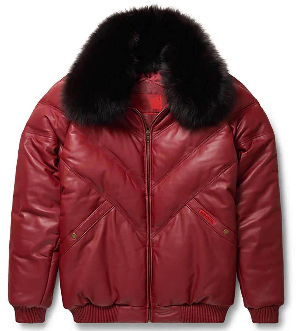 Men's Puffer Ribbed Cuffs And Hems Leather V-Bomber Jacket