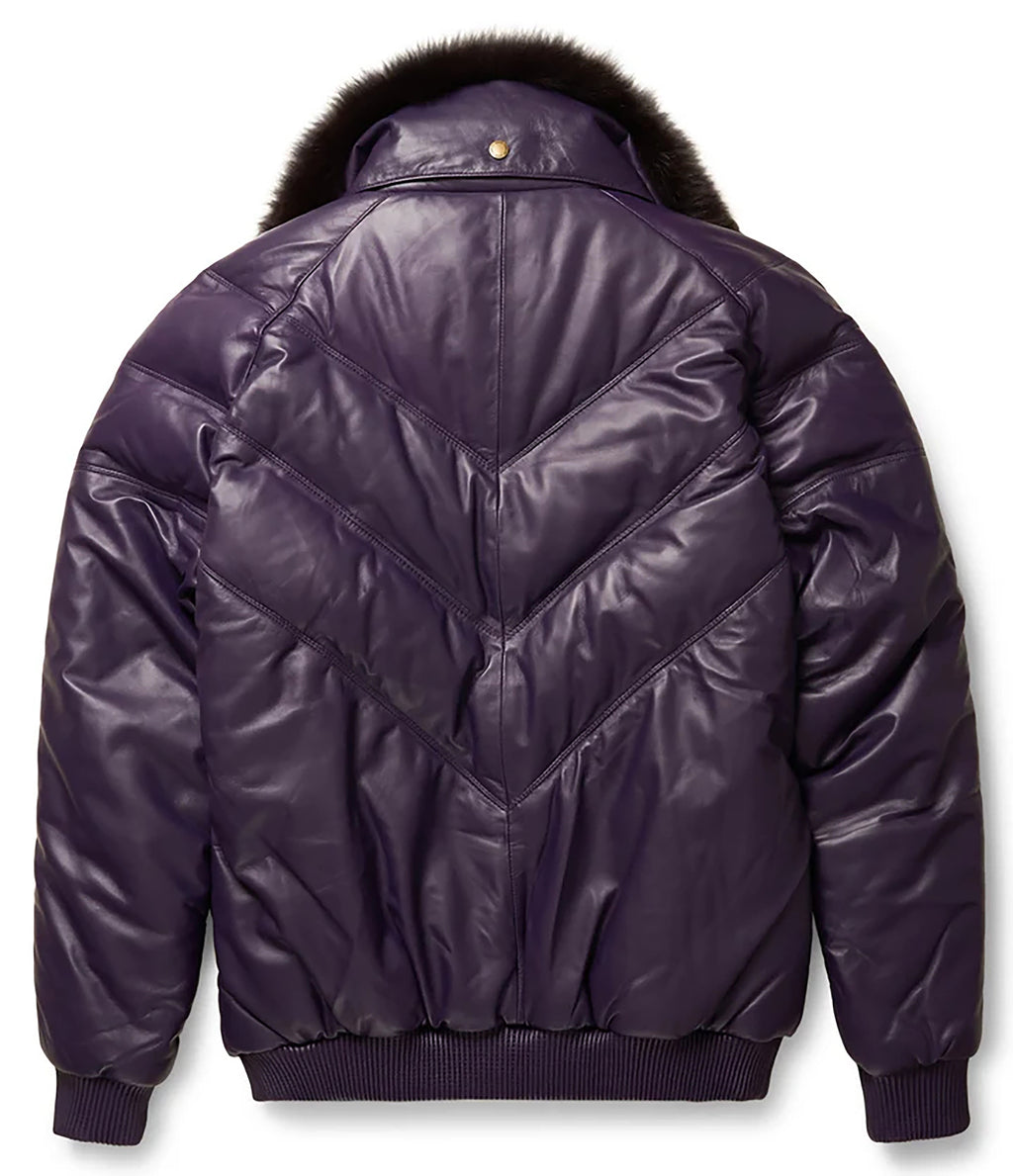 Men's Puffer Ribbed Cuffs And Hems Leather V-Bomber Jacket