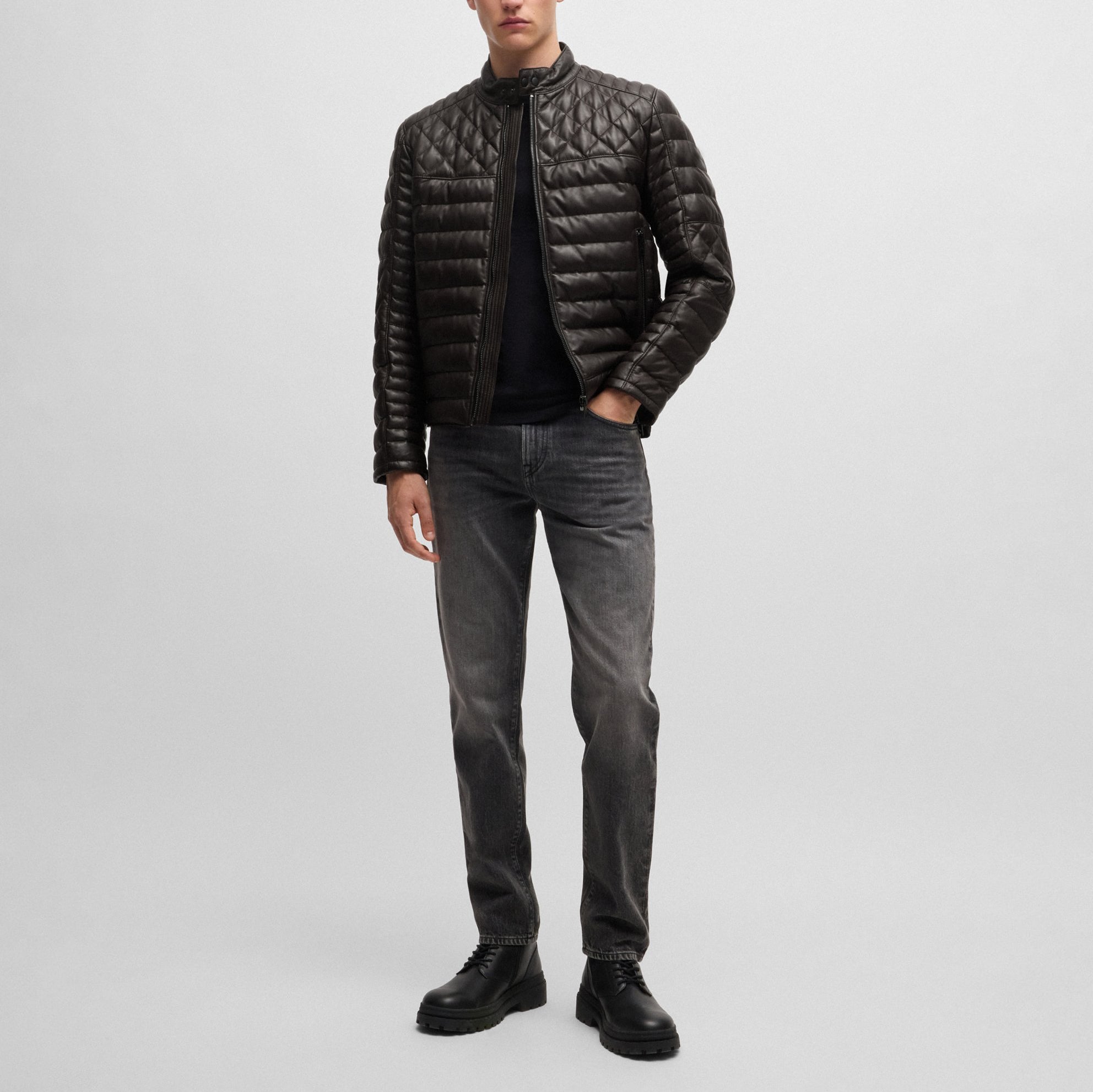 Men's Quilting Regular Fit Leather Puffer Jackets