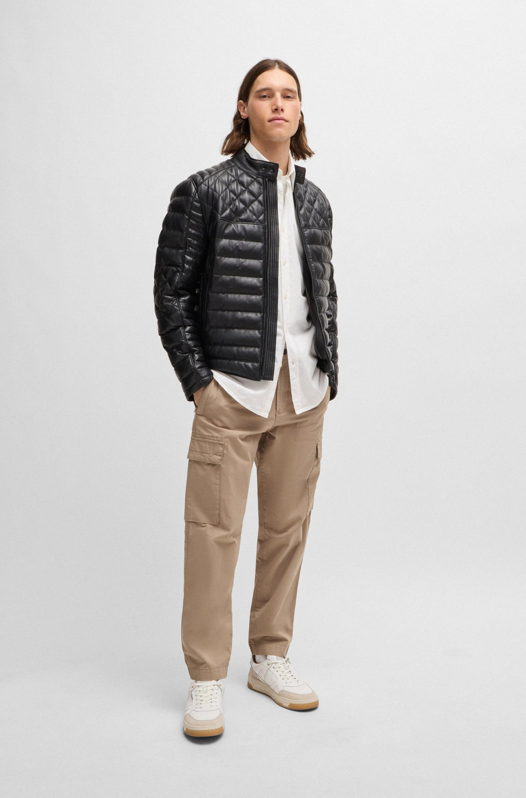 Men's Quilting Regular Fit Leather Puffer Jackets