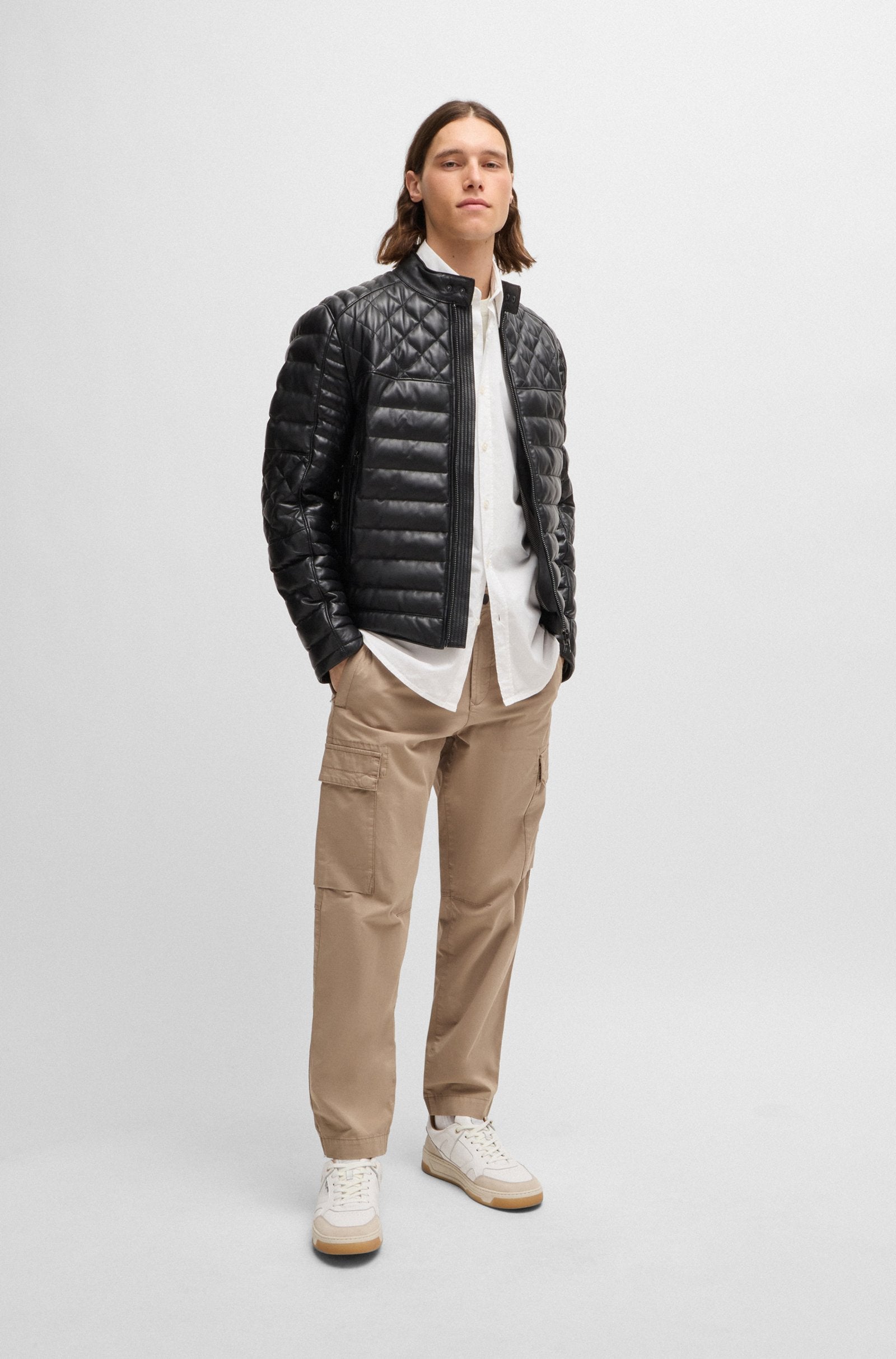 Men's Quilting Regular Fit Leather Puffer Jackets