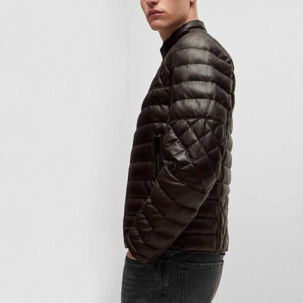 Men's Quilting Regular Fit Leather Puffer Jackets
