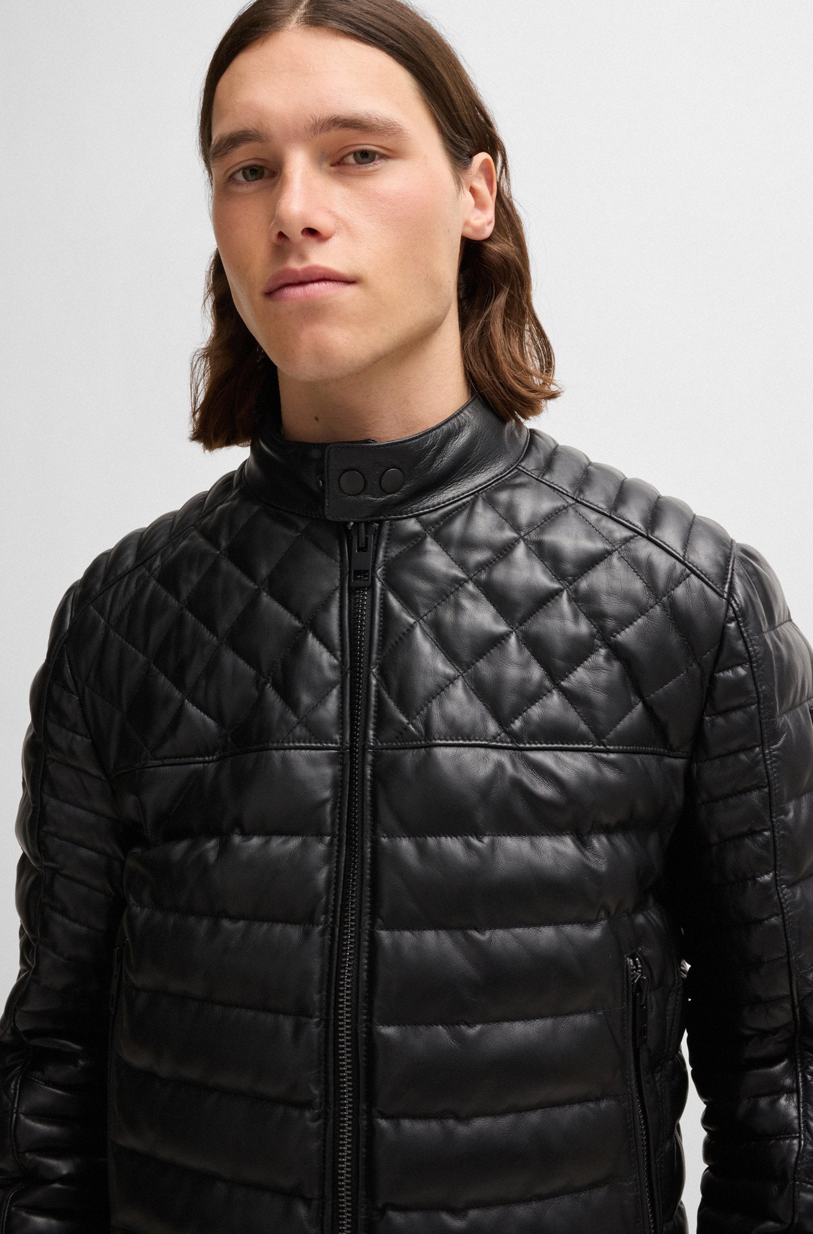 Men's Quilting Regular Fit Leather Puffer Jackets