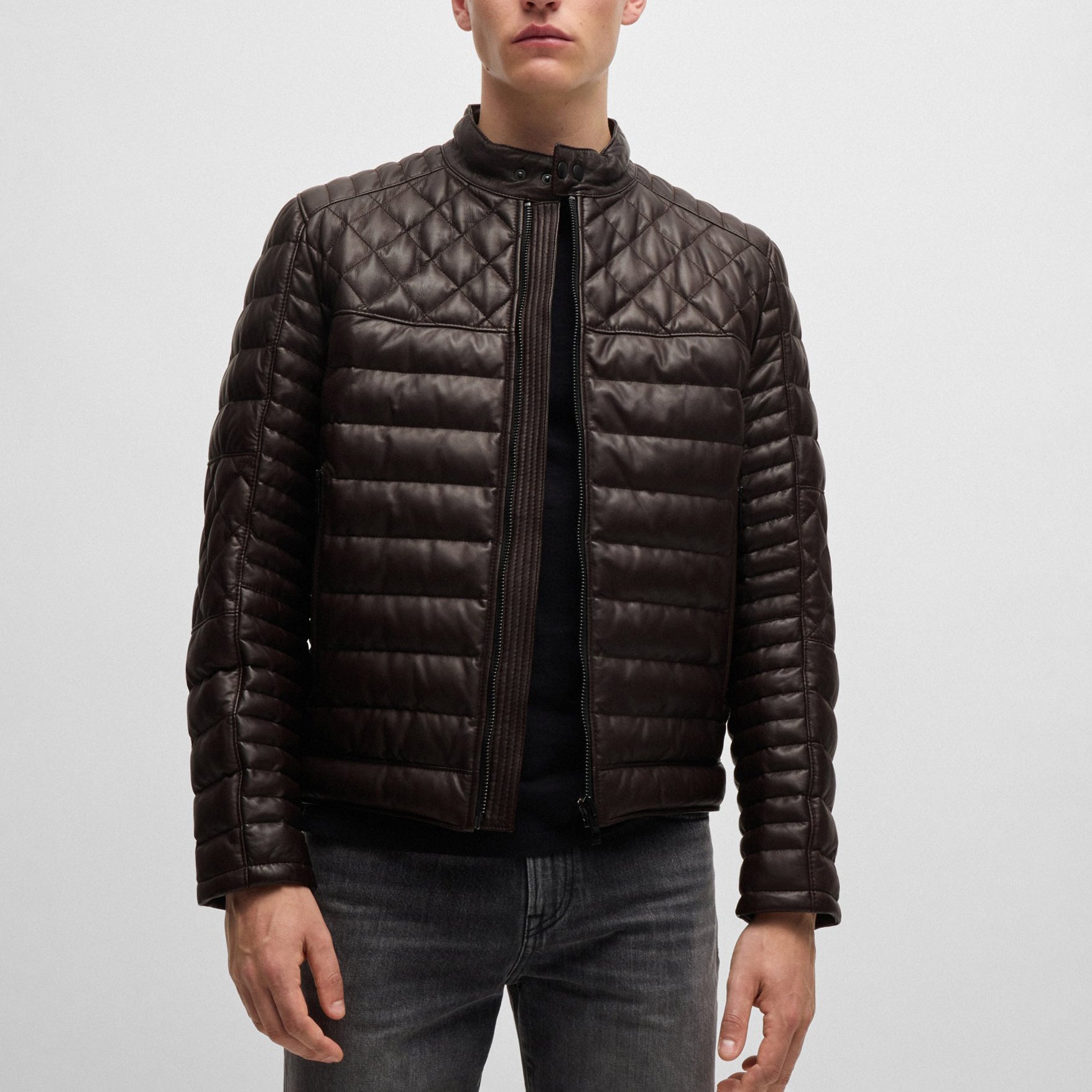 Men's Quilting Regular Fit Leather Puffer Jackets
