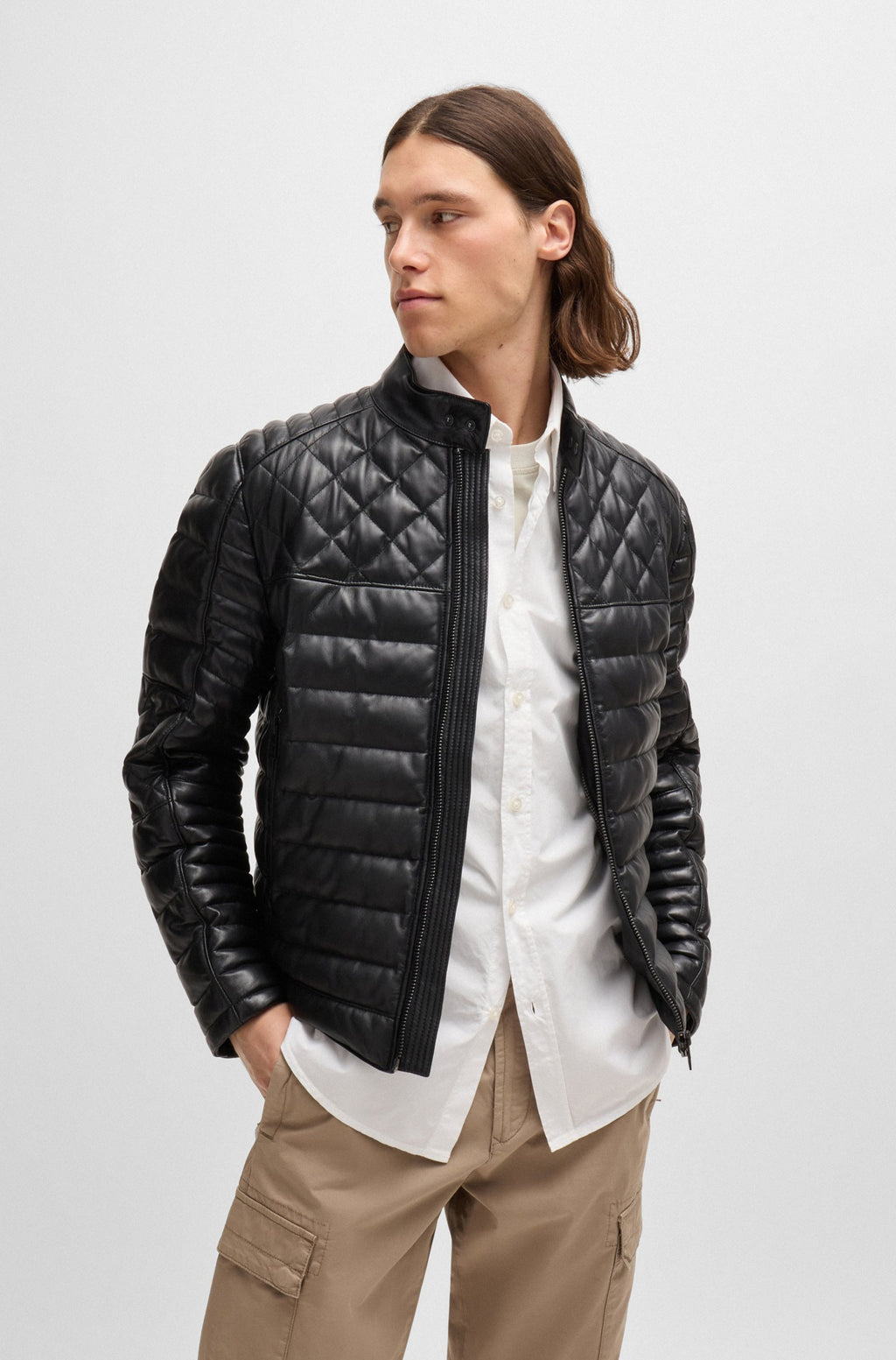 Men's Quilting Regular Fit Leather Puffer Jackets