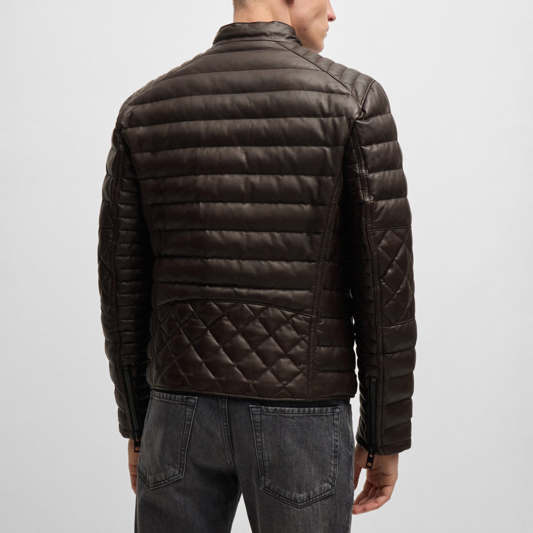 Men's Quilting Regular Fit Leather Puffer Jackets