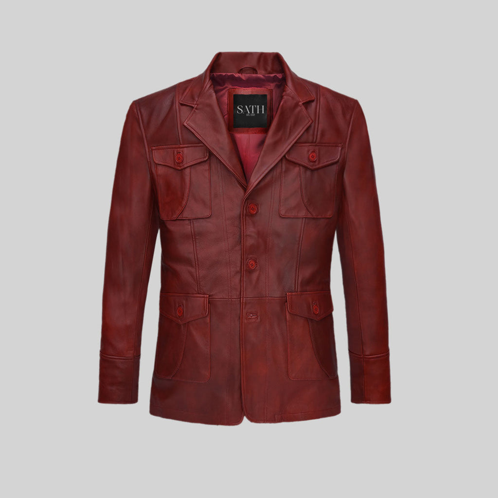Roter Herrenblazer aus Leder mit drei Knöpfen