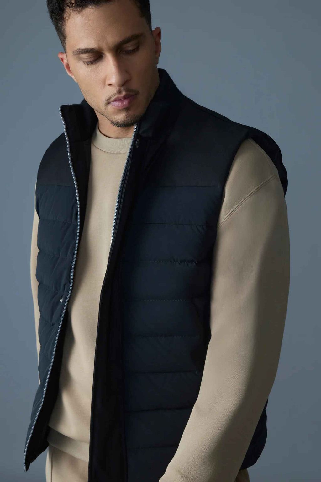 Men's Ribbed Knit Collar Light Down Filled Quilted Vest