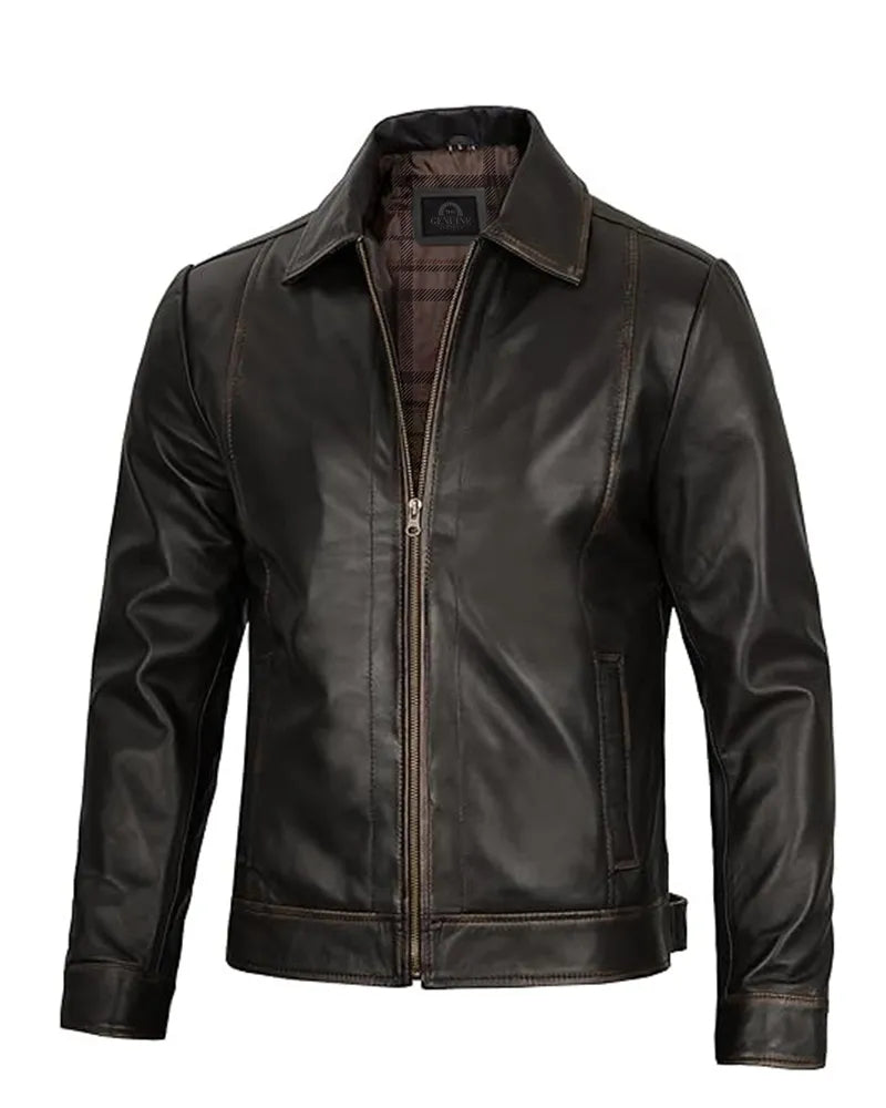 Men's Simple Cafe Racer Leather Jacket