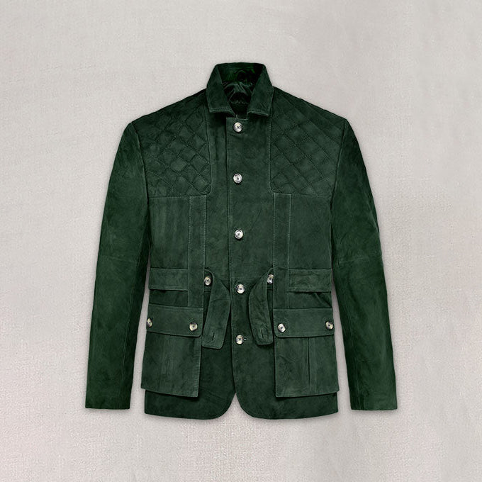 Men's Solid Safari Forest Suede Leather Blazer