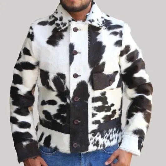 Men's Spread Collar Cow Hair Leather Jacket