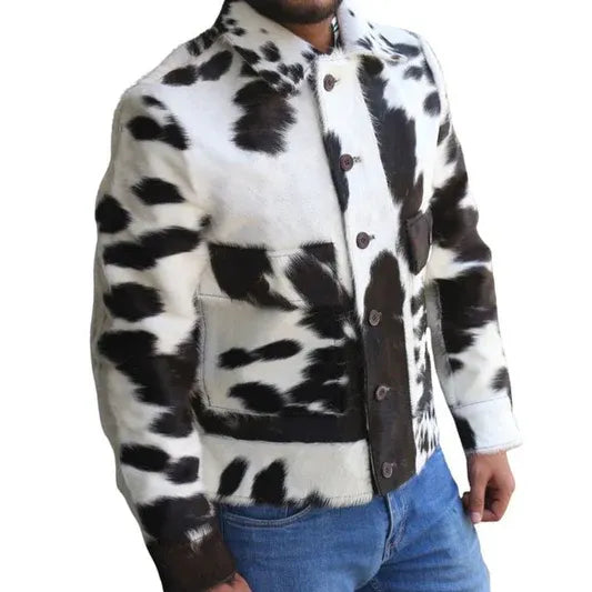 Men's Spread Collar Cow Hair Leather Jacket