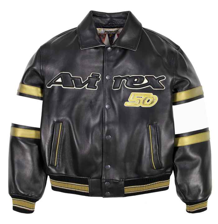 Men's Stripped Ribbed Hems And Cuffs Varsity Leather Jacket