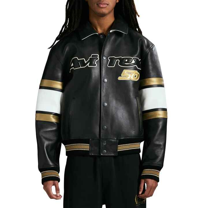 Men's Stripped Ribbed Hems And Cuffs Varsity Leather Jacket