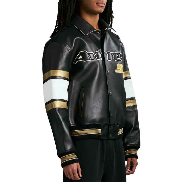 Men's Stripped Ribbed Hems And Cuffs Varsity Leather Jacket