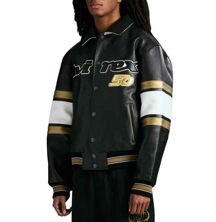 Men's Stripped Ribbed Hems And Cuffs Varsity Leather Jacket