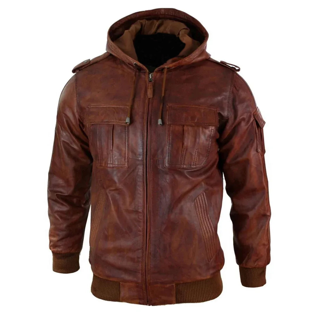 Men's Tan Regular Fit Leather Hooded Jacket