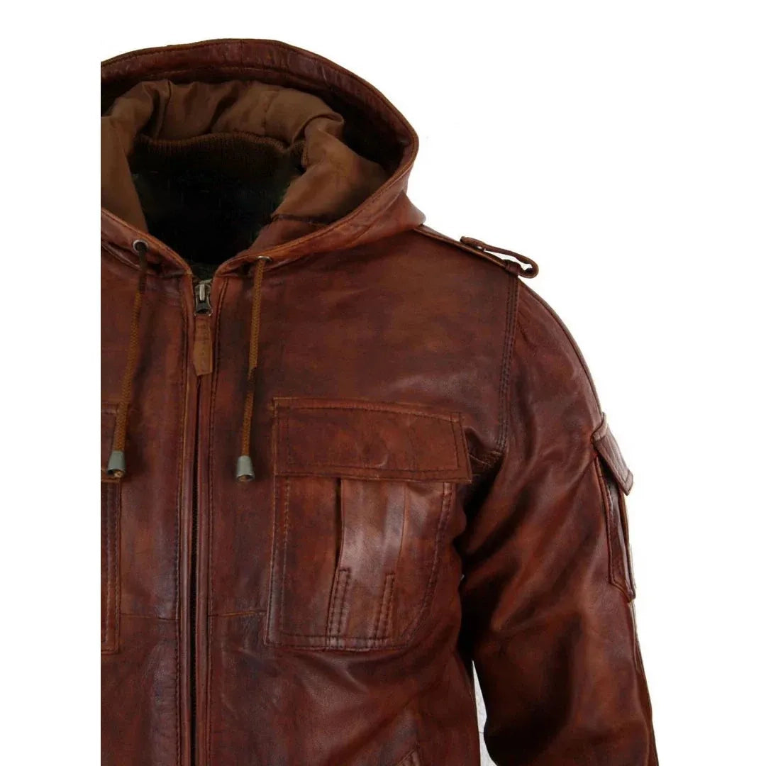 Men's Tan Regular Fit Leather Hooded Jacket
