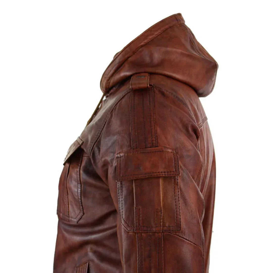 Men's Tan Regular Fit Leather Hooded Jacket