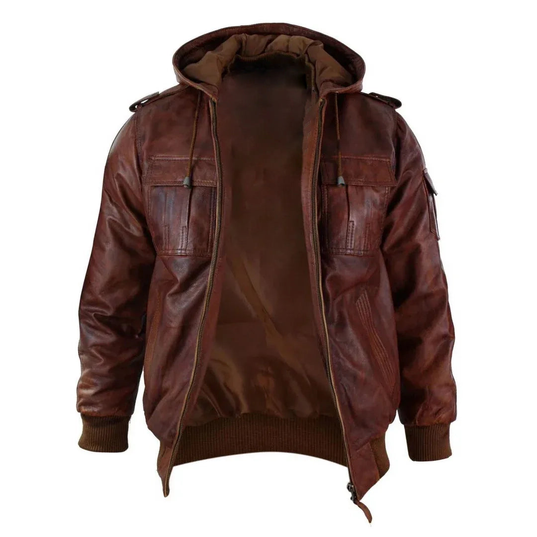 Men's Tan Regular Fit Leather Hooded Jacket