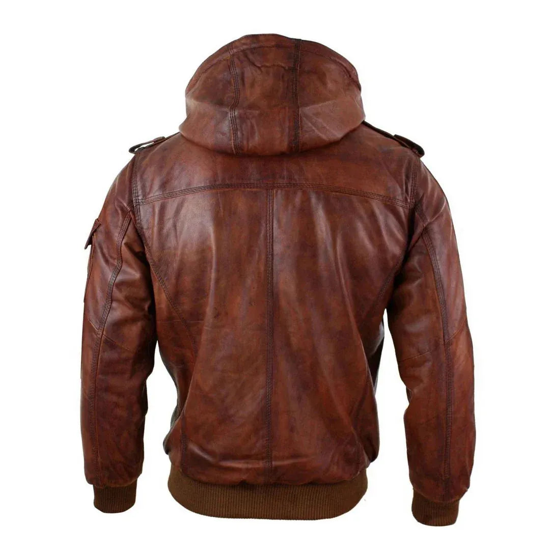 Men's Tan Regular Fit Leather Hooded Jacket