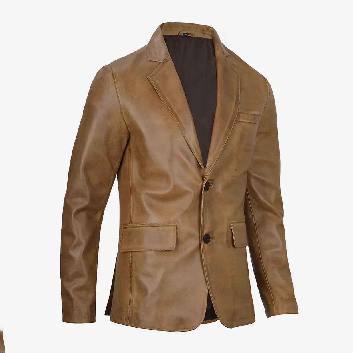 Men's Two Button Camel Leather Blazer