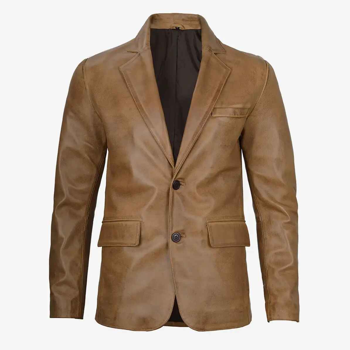 Men's Two Button Camel Leather Blazer