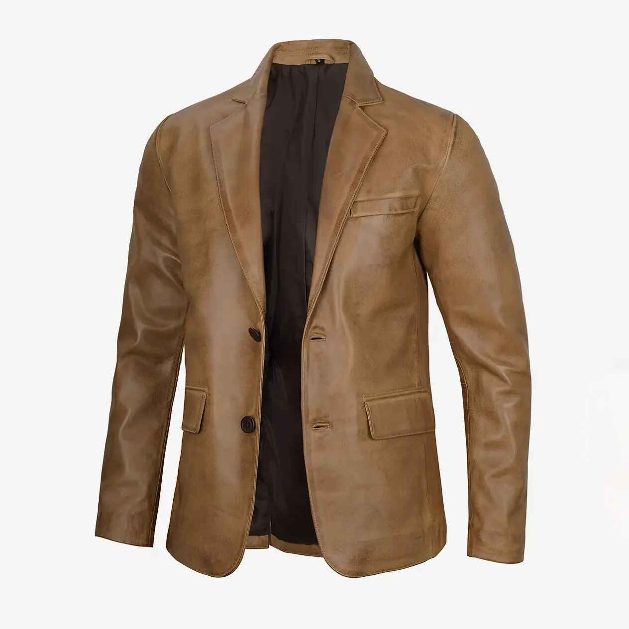 Men's Two Button Camel Leather Blazer