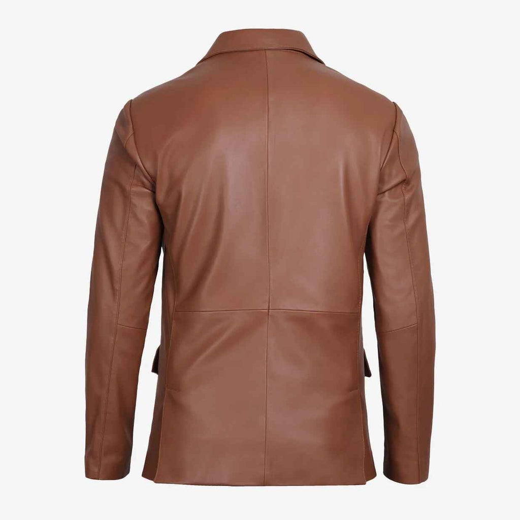 Blazer de cuero marrón coñac con dos botones para hombre 