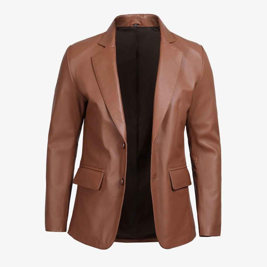 Blazer de cuero marrón coñac con dos botones para hombre 