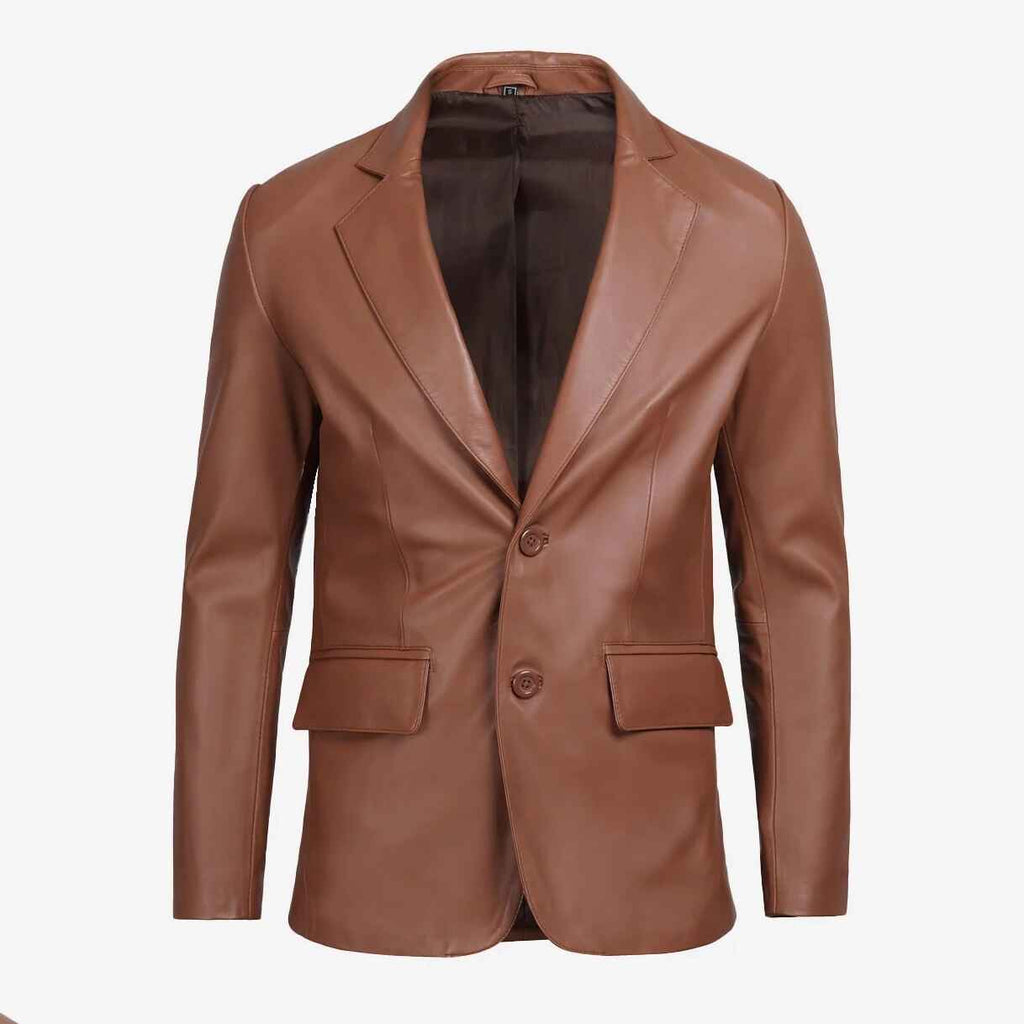 Blazer de cuero marrón coñac con dos botones para hombre 