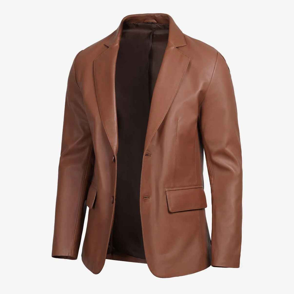 Blazer de cuero marrón coñac con dos botones para hombre 
