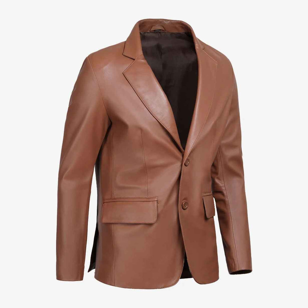Blazer de cuero marrón coñac con dos botones para hombre 
