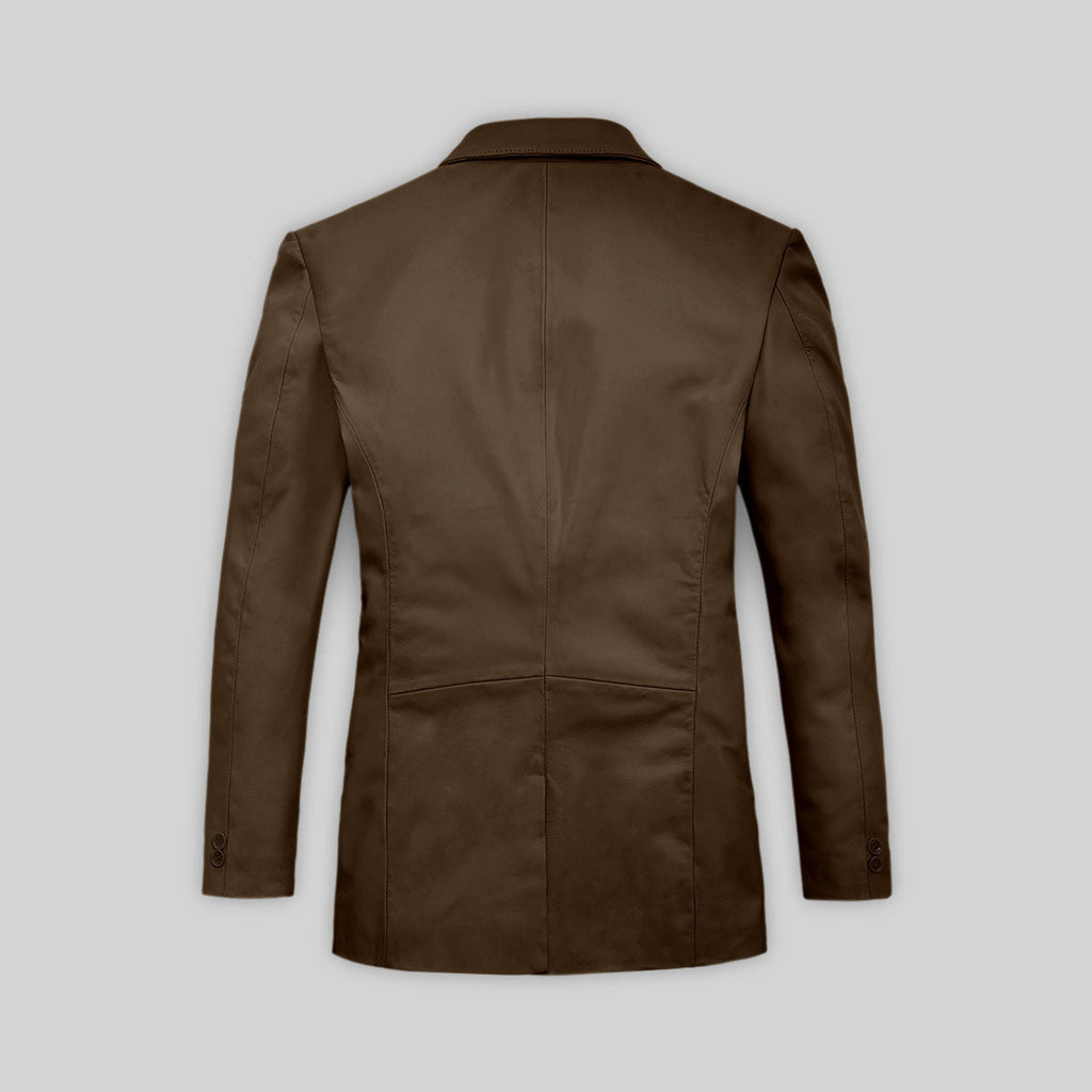 Blazer escocés de cuero marrón con dos botones para hombre