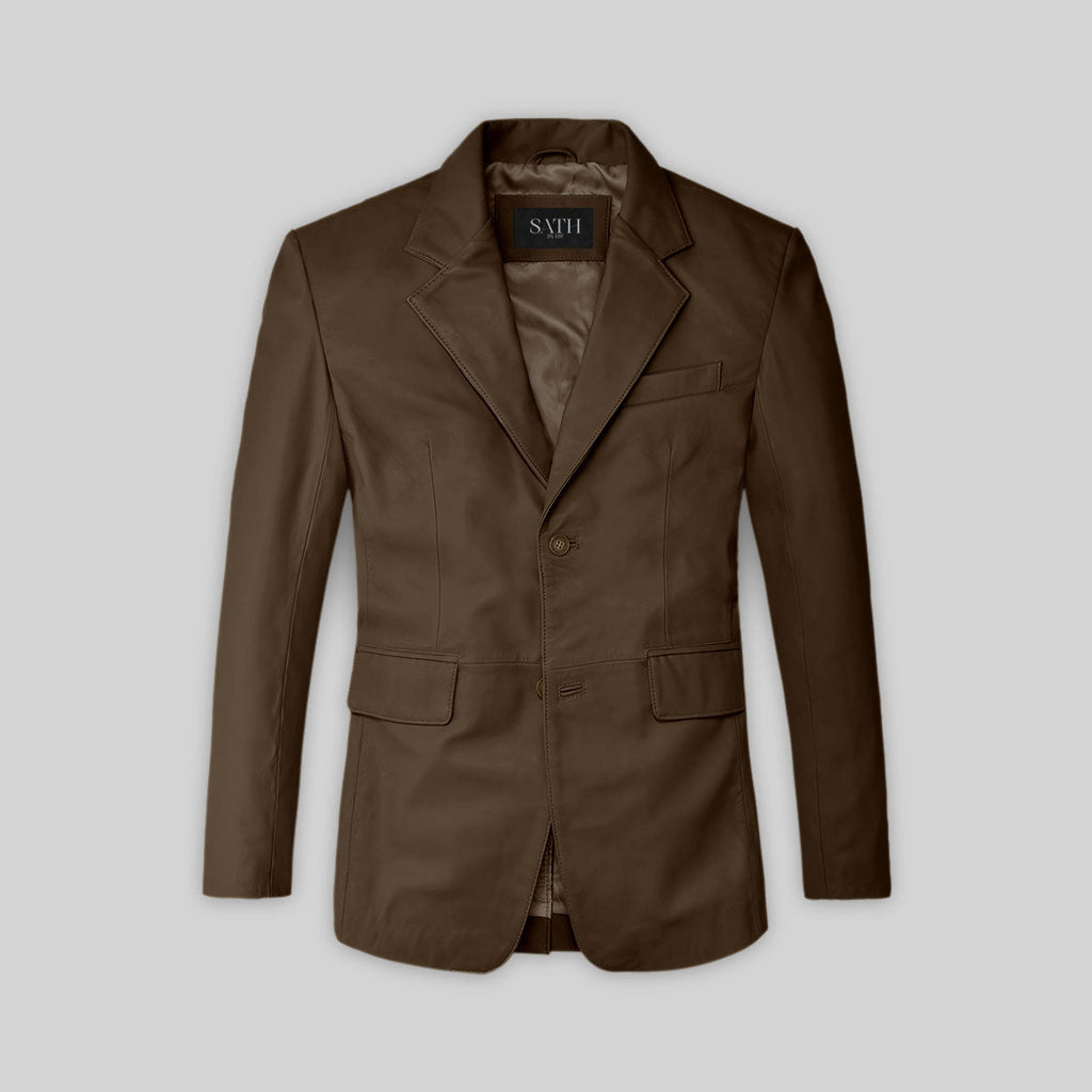 Blazer escocés de cuero marrón con dos botones para hombre