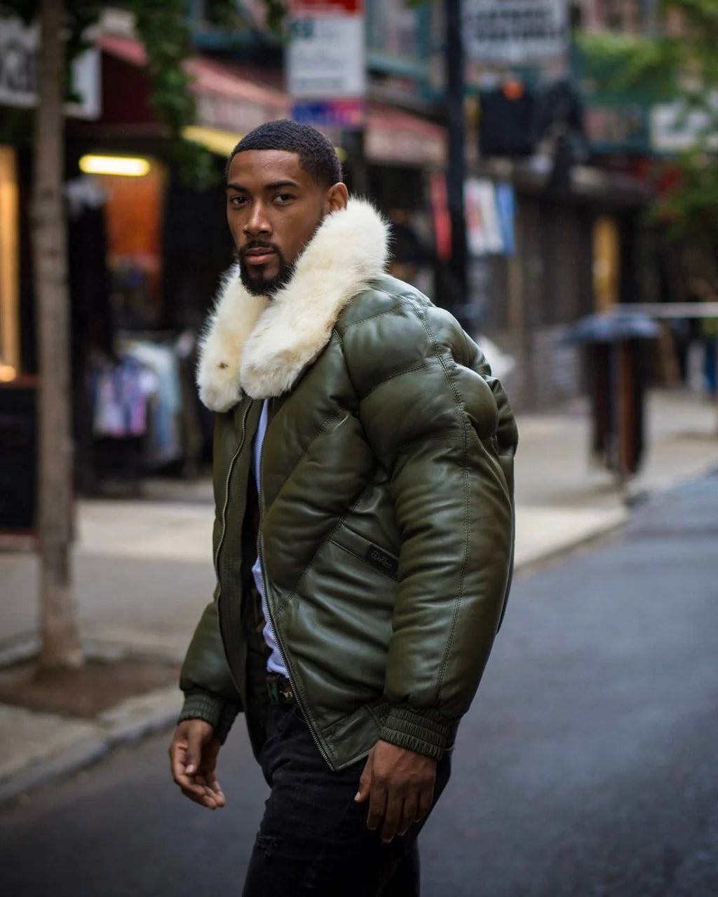 Men's V BOMBER- MONEY GREEN (OFF WHITE FUR)