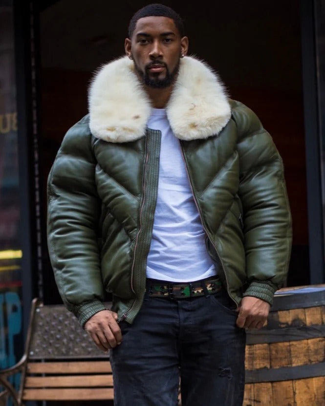 Men's V BOMBER- MONEY GREEN (OFF WHITE FUR)