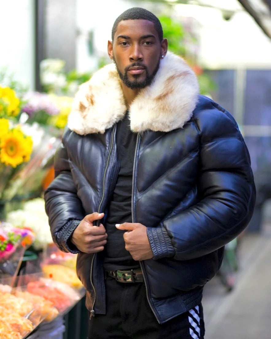 Men's V BOMBER- NAVY BLUE (OFF WHITE FUR)