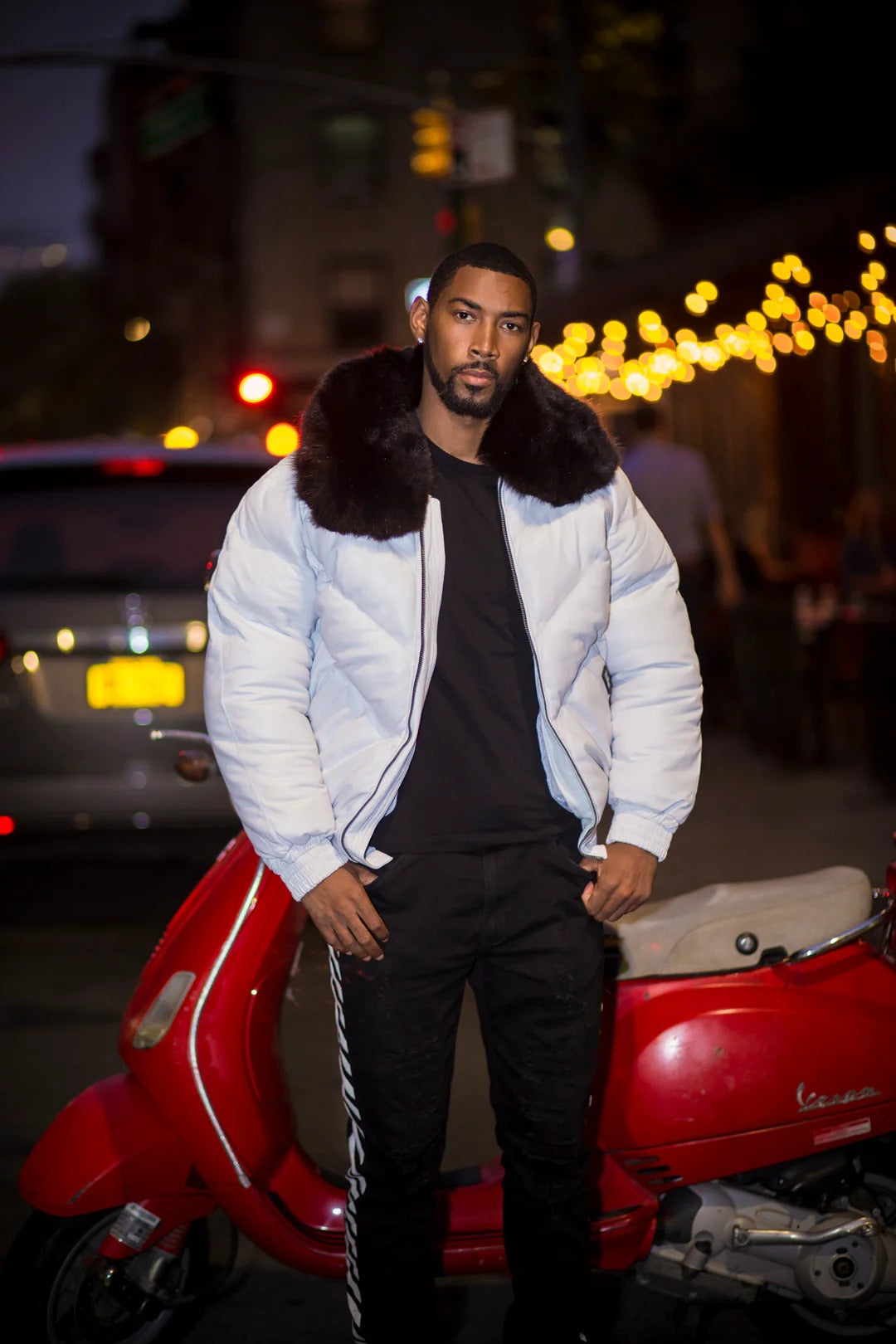 Men's V BOMBER- WHITE (BLACK FUR)